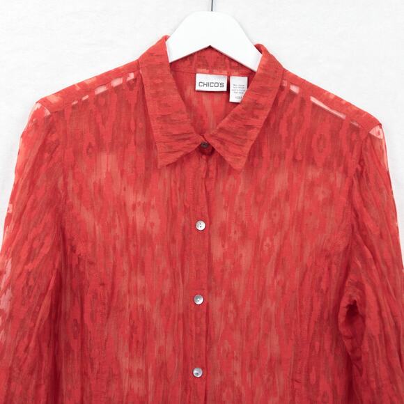 CHICOS Ikat Sheer Burnout Button Up Shirt 3/4 Sleeve Poppy Red Sz 2 US L/12 - Picture 2 of 7